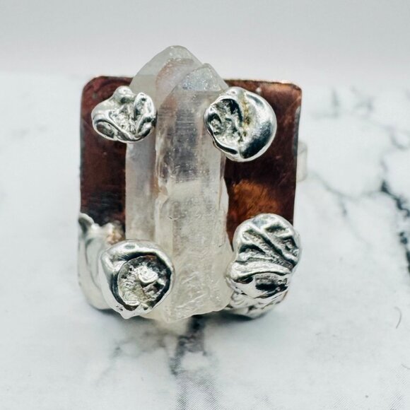 Raw Crystal Statement Ring Upcycled From Copper Baking Dish & Silver Spoon 7.75 - Picture 5 of 13